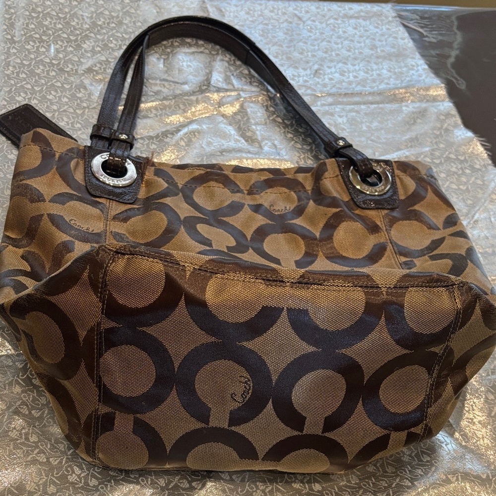 Coach Brown Signature Canvas Shoulder Bag with Dark Brown Accents